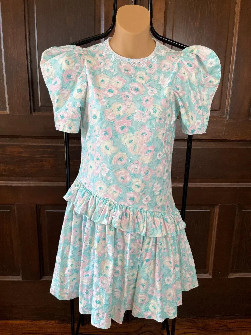 Ruth of Carolina Vintage 80s Dress Girl's Size 12 Pastel Floral Asymmetric Puff